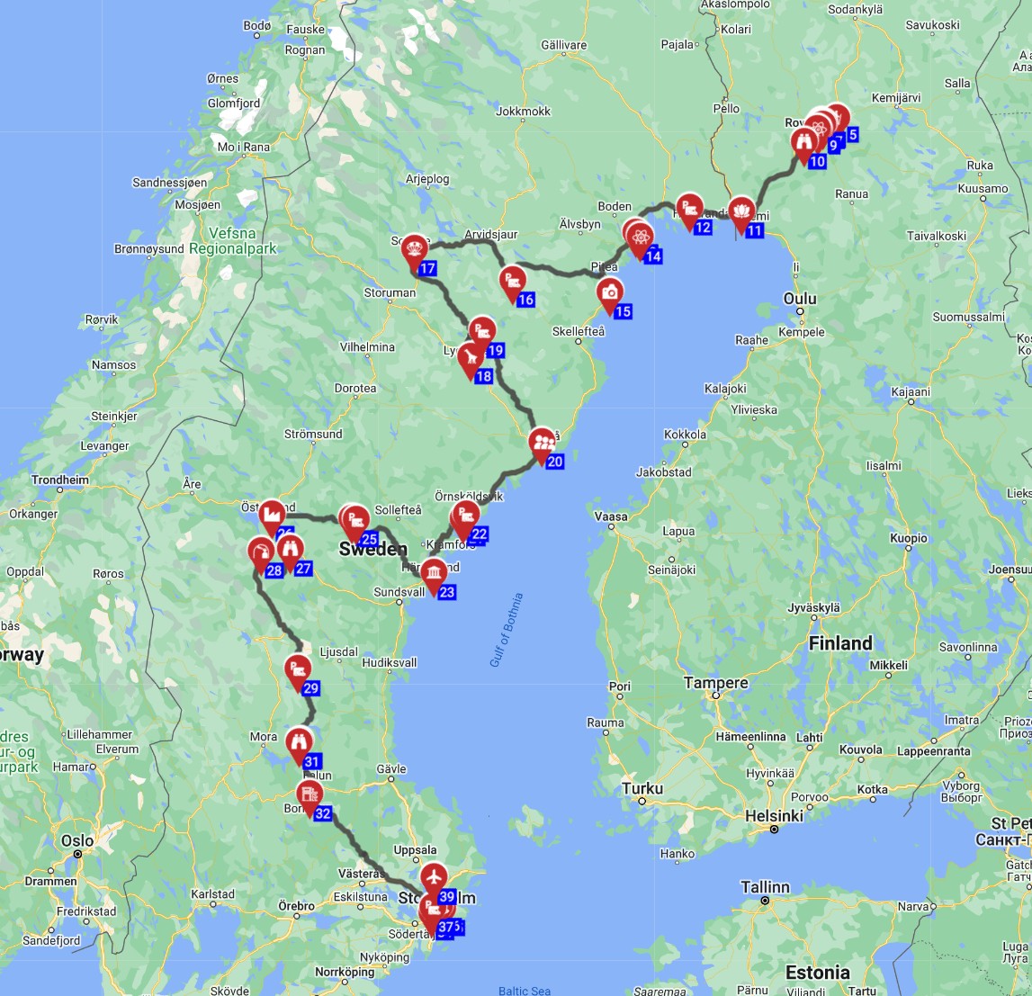 Map for Rovaniemi to Stockholm - The Nordic Wonders Route